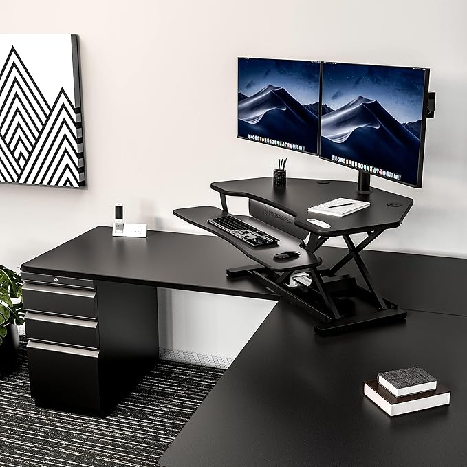 VERSADESK PowerPro Elite Smart Corner Standing Desk Converter - Adjustable Sit Stand Desk Riser with Keyboard Tray & USB C Ports - App Controlled Height Adjustment for Home or Office | Black (36" x