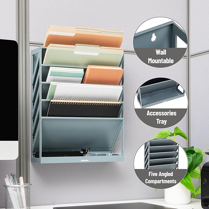 Mind Reader 5-Tier Vertical File Storage, Desktop Organizer, Wall Mount, Office, Plastic, 13"L x 4.25"W x 16"H, Gray