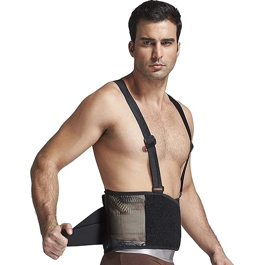 NeoTech Care Back Brace with Suspenders/Shoulder Straps - Light & Breathable - Lumbar Support Belt for Lower Back Pain - Posture, Work, Gym - Black Color (Size M)