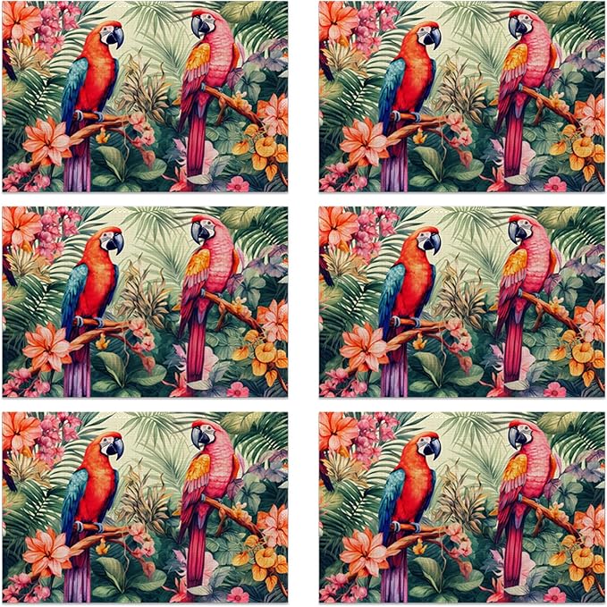 Placemats Set of 6, Tropical Parrot Forest Linen Placemats 12x18 Inch, Heat Resistant Table Mats, Washable Non Slip Place Mats for Dining Table Kitchen Home