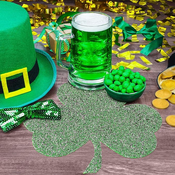 Green Placemat, Sparkle Glitter Rhinestones Table Mat Crushed Diamond Shamrock Table Placemat 16inch for St. Patrick's Day Home Kitchen Dinning Decorations