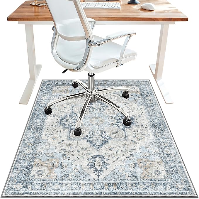 36"x48" Office Chair Mat for Hardwood Tile Floor, Under Desk Carpet Protector for Rolling Computer Chair Mat, Machine Washable Area Rug, Anti-Slip 1/5" Thick Low Pile Thin Vinyl Floor Mat, Blue