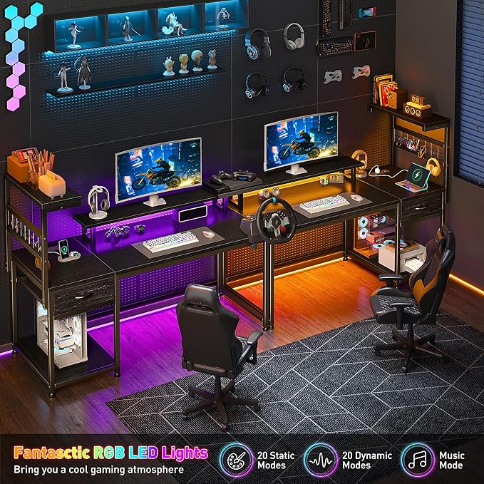 EnHomee 48" Gaming Desk with LED Lights & Power Outlets, Home Office Desk with Monitor Stand, Computer Desk with Drawer & Storage Shelves for Living Room, Study Room, Gaming Room, Black