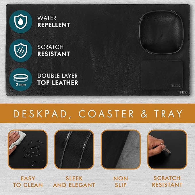 ELIZO Leather Desk Pad Real Leather Desk Mat Thick (3mm) Double Layer (31x15.6) Cover Blotter Desk Protector Large Computer Mat for Keyboard Mouse Pad Table Laptop Mat Office Accessories - Carbon