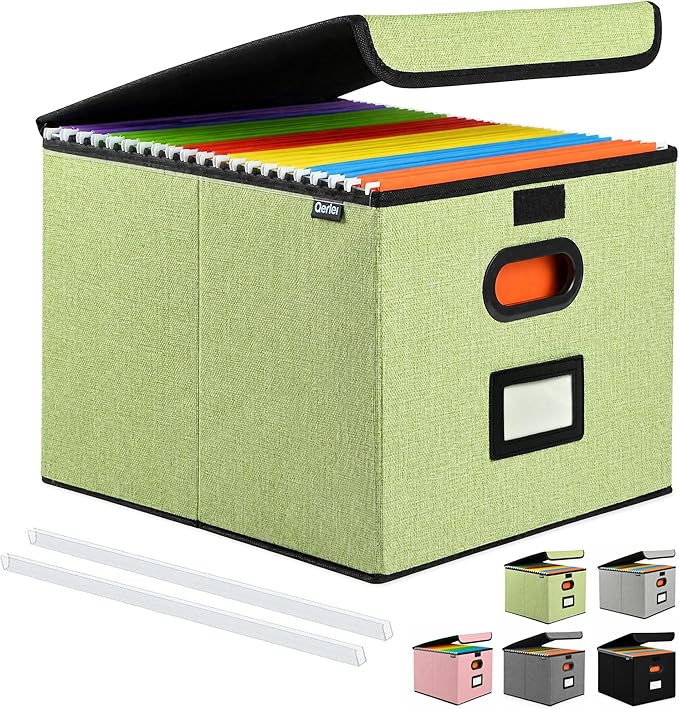 Qerlei File Organizer Boxes with Lids,Collapsible File Folder Organizer with Plastic Slide,Collapsible Filing & Storage Boxes for Office/Decor/Home (Green, 1 Pack)