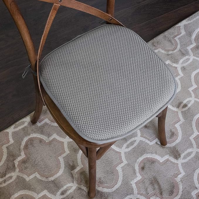 Sweet Home Collection Chair Cushion Memory Foam Pads with Ties Honeycomb Pattern Slip Non Skid Rubber Back Rounded Square 16" x 16" Seat Cover, 2 Pack, Silver