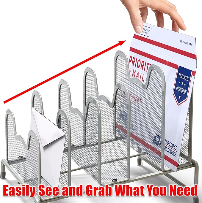 Simple Houseware Desk 5 Sections Step File Sorter Organizer, Silver