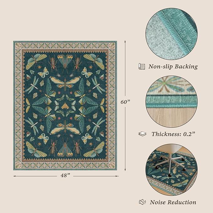 JTJ 4'x5' Teal Office Chair Mat for Hardwood Floors, Insect Boho Design,Non-Slip Low Pile Desk Rug, 48"x60" Small Area Rug for Computer Desk Home Office, Machine Washable WFH Essential for Dorm Room