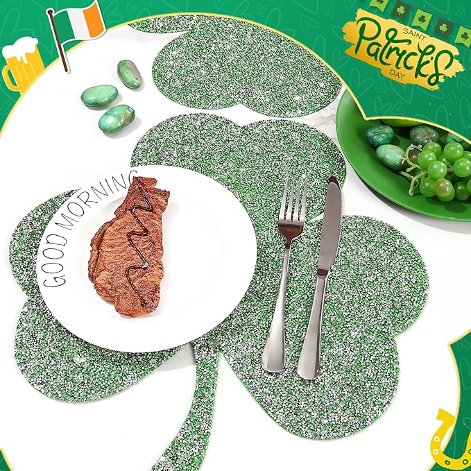 Green Placemat, Sparkle Glitter Rhinestones Table Mat Crushed Diamond Shamrock Table Placemat 16inch for St. Patrick's Day Home Kitchen Dinning Decorations