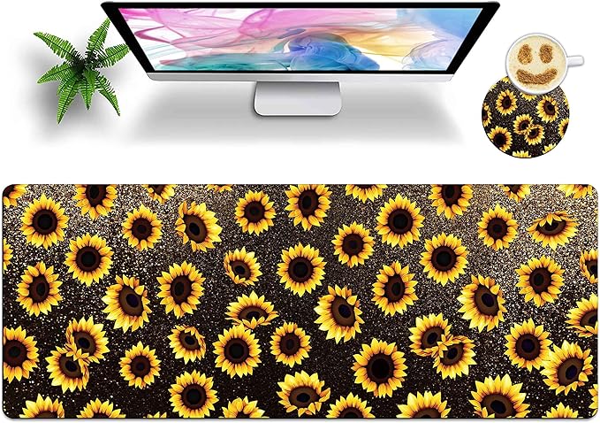 Extended Large Mouse Pad with Coaster 31.5x11.8 Long XL Mousepad Desk Mat for Keyboard and Mouse, Waterproof Non-Slip Desk Pad, Office Essentials Desk Accessories for Home Office-Sunflower
