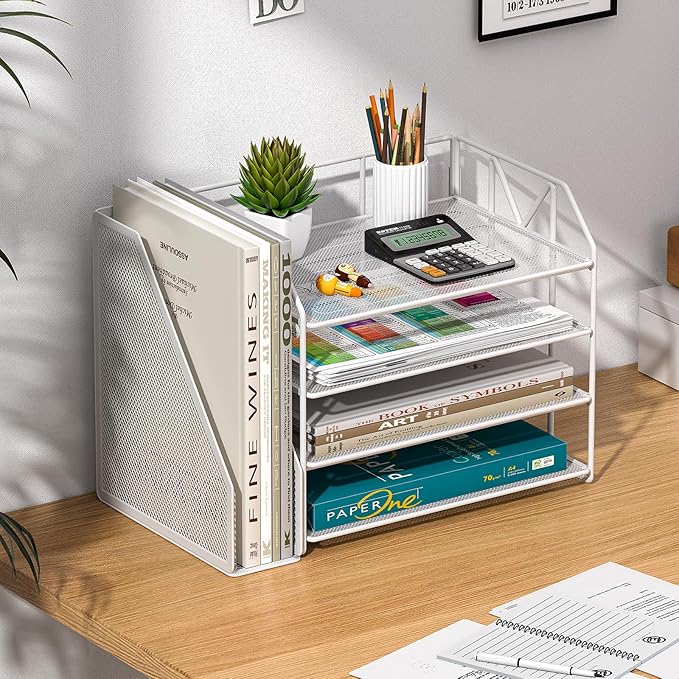 4-Tier Paper File Organizer with Drawer, Metal Desk Organizer, Tiered Paper Tray for Letter/A4 Files, Desktop Office Supplies Storage Rack, White