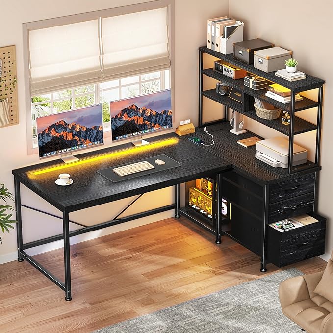 DurayLoly 55''Gaming Desk L Shaped Desk with 3 Fabric Drawers & Shelf, Reversible Computer Desk with Remote LED Lights, Power Outlet of Home Office Desk for Bedroom,Dorm,Black