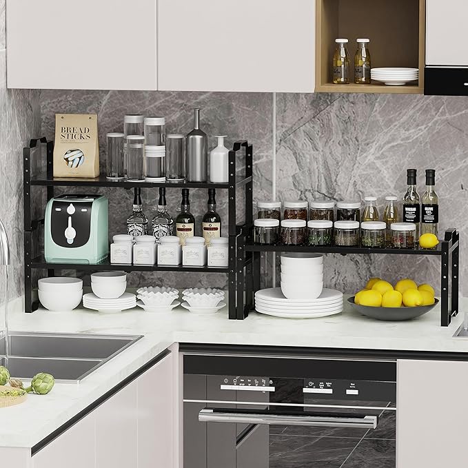 Jojocross Expandable Shelf Cabinet Organizer Adjustable Stackable Spice Rack at Kitchen and Bathroom More, Countertop Cupboard Organization Pantry Storage (1 Pack/Black, M)