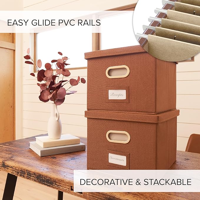 ZICOTO Decorative File Organizer Box Set of 2 - Collapsible Linen Filing Cabinets with Handles Are Perfect to Store All Your Documents & Hanging File Folders - Portable Easy Slide Crates with Lid