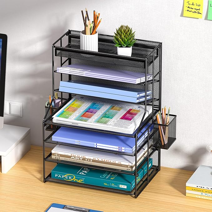 Black 7 Tier Desk File Organizer, Metal Letter Tray Paper Organizer with Pen Holder and Metal Hanging Basket, Vertical Desktop File Holder for Home Office Organization
