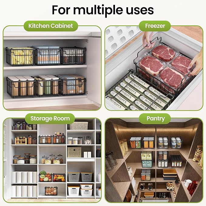 MSERCUOR Freezer Organizer Bins, 6 Pack Big Stackable Deep Chest Freezer Organizer Bins, Foldable Baskets with Handles, Black Storage Container Baskets for 5 to 9 Cu.FT Deep Freezer Sort Frozen Meats
