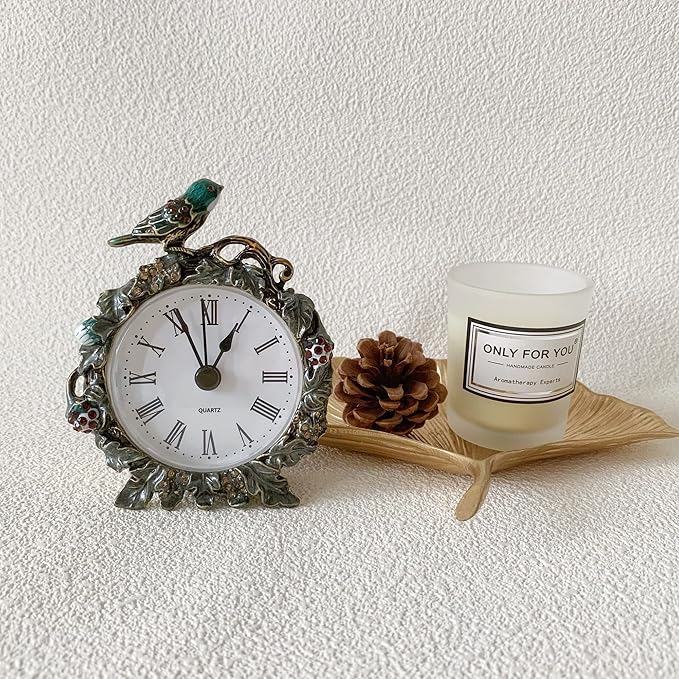 Silent Mini Vintage Analog Table Clock with Hand-Painted Metal Body and Battery Operated Non-Ticking Core for Shelf, Bedroom, Bedside, Desk, Gift Clock