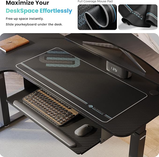 EUREKA ERGONOMIC 55 Inch L Shaped Electric Standing Desk, Height Adjustable Computer Gaming Desk with Keyboard Tray, Mouse Pad, Home Office Work,Carbon Fiber Black, Left Side