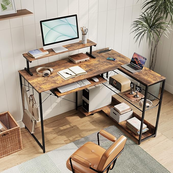 L Shaped Gaming Desk with Power Outlets & RGB Lights, 46'' L- Shaped Desk Computer Corner Desk with Monitor Stand & Storage Shelf & Hook, Home Office Desk Writing Desk, Brown