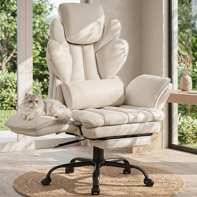 Flip Armrests Criss Cross Office Chair, Reclining Office Chair with Foot Rest, Adjustable Headrest, Massage Waist Pillow, Cross Legged Big and Tall Desk Chair Wide Seat Vanity Chair, PU Leather Beige