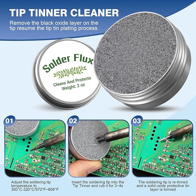 Soldering Tip Cleaning Kit Include Flux Paste, Tip Tinner, Solder Wick, Iron Tips, Soldering Iron Tips Cleaner and Cleaning Sponge for Electronics Repair