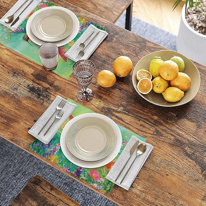 Colorful Hummingbird Flowers Table Placemats Set of 6, Linen Placemats 12x18 Inch, Washable Non Slip Heat Resistant Mats for Dining Table Kitchen Indoor Use
