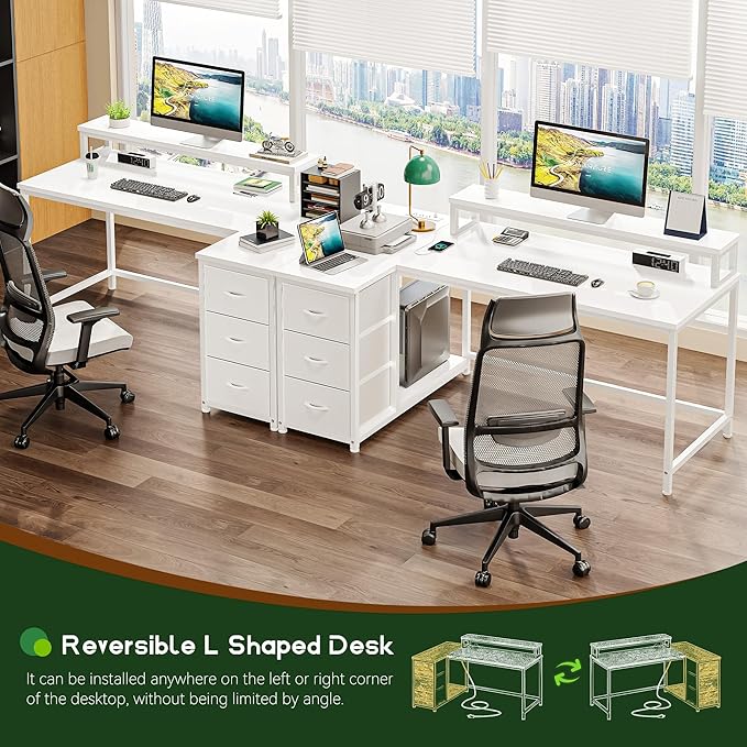 EnHomee 48" Reversible L-Shaped Computer Desk with 40-Mode RGB LED,3AC &1 Type-C Charging Station, 3 Drawers, 35.4''Monitor Riser, White Desk for Gaming, Home Office, Bedroom, Study Room,Vanity, White