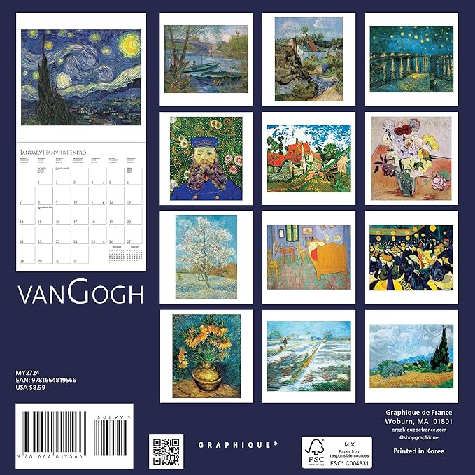 Graphique 2024 Van Gogh Mini Wall Calendar | 7” x 7” | Thick Paper | Home & Office Organizer | Large Monthly Grid | 3 Languages & Marked Holidays | 4 Month Preview Page for 2025