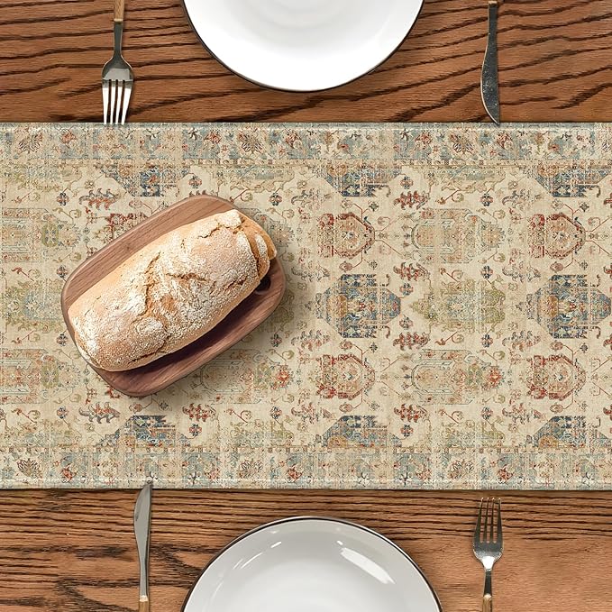 Boho Floral Beige Table Runner,Vintage Elegant Farmhouse Table Center Linen Decor,Country Rustic Farmhouse Magical Fall Kitchen Dining Table Decoration for Home Dining Party Decor 13x48 Inch