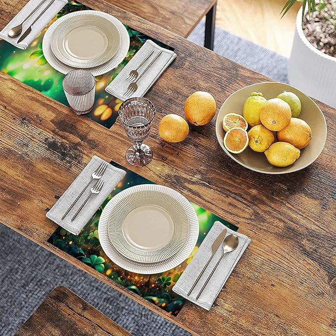 Linen Placemats Set of 6, St Patrick's Day Green Grass Washable Table Mats 12x18 Inch, Heat Resistant Non Slip Placemats for Dining Table Kitchen Everyday Use