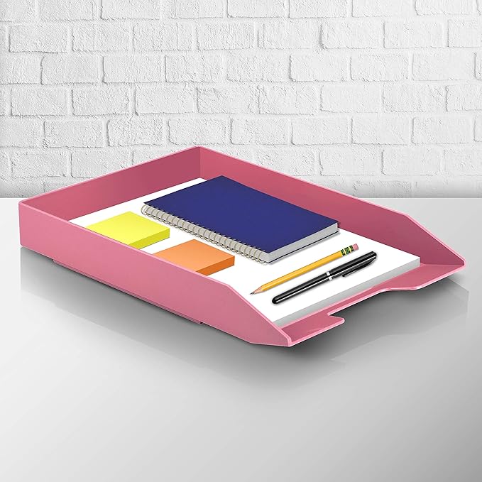 Acrimet Stackable Letter Tray Front Load, Letter Size, Stacking Document Desk Office Paper Organizer, Plastic, Solid Pink Color, 1 Unit
