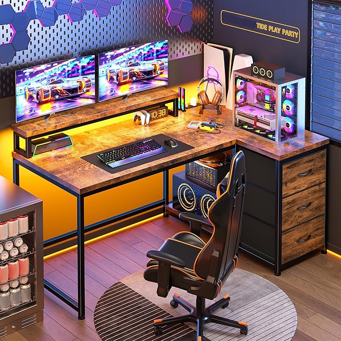 EnHomee 40''L Shaped Desk with 3 Drawers, Computer Desk with Monitor Stand, Small Gaming Desk with Power Outlet, Corner Desk with LED Lights for Gaming, Home Office, Study Room, Rustic Brown