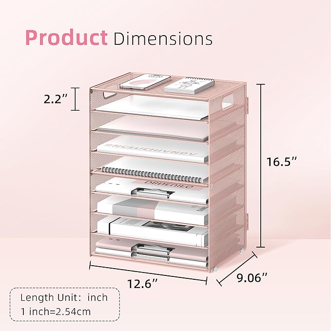 DALTACK 9-Tier Paper Organizer for Desk, Mesh Letter Tray Desk Organizer with Handles, Space-Saving File Organizer for Office Home School, Pink