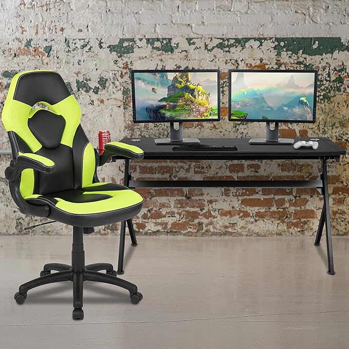 EMMA + OLIVER Black/Green Gaming Desk Bundle - Cup & Headphone Holders/Mouse Pad Top