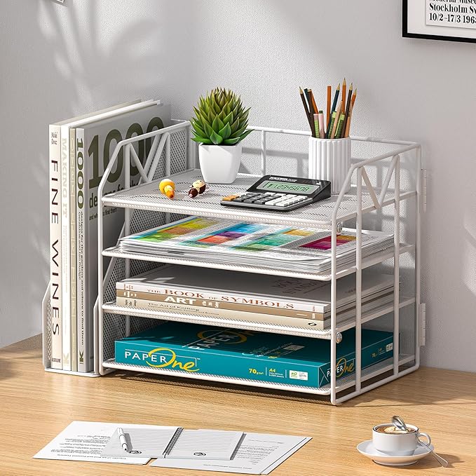 4-Tier Paper File Organizer with Drawer, Metal Desk Organizer, Tiered Paper Tray for Letter/A4 Files, Desktop Office Supplies Storage Rack, White