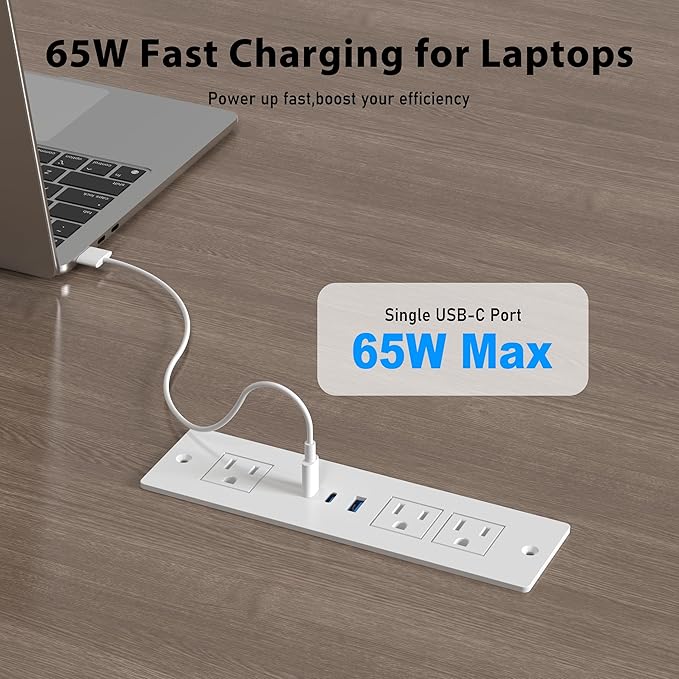 Drawer Outlet Kit with 65W USB C Fast Charging Station, HEZI Recessed Power Outlet with 3 USB Ports & 3 AC Outlets, Furniture Flush Mount Power Strip for Home Office,6FT White Cord