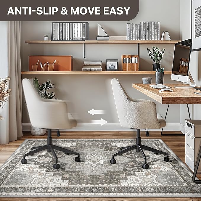 48"x60" Office Chair Mat for Hardwood Tile Floor, Under Desk Carpet Protector for Rolling Computer Chair Mat, Machine Washable Area Rug, Anti-Slip 1/5" Thick Low Pile Thin Vinyl Floor Mat, Tawny Grey