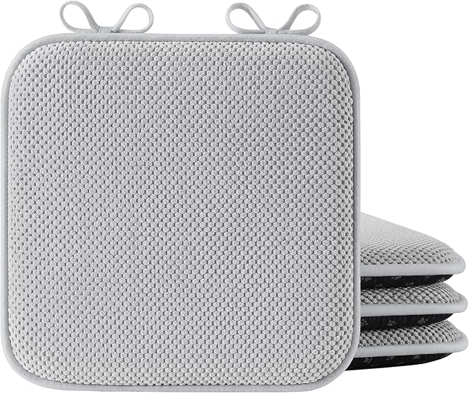 puredown® Chair Cushions for Dining Chairs, Set of 4 Memory Foam Seat Cushions with Non-Slip Backing & Ties, 16" x 16" x 1.5", Comfortable & Supportive Dining Chair Pads for Kitchen, Light Grey