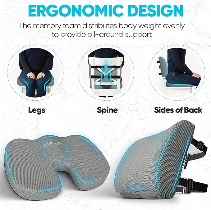 FORTEM Seat Cushion, Office Chair Cushion, Lumbar Support Pillow for Office Chair, Memory Foam Car Seat Cushions, Sciatica Coccyx Tailbone Pain Relief, Cushions for Back Support, Washable, Non Slip XL
