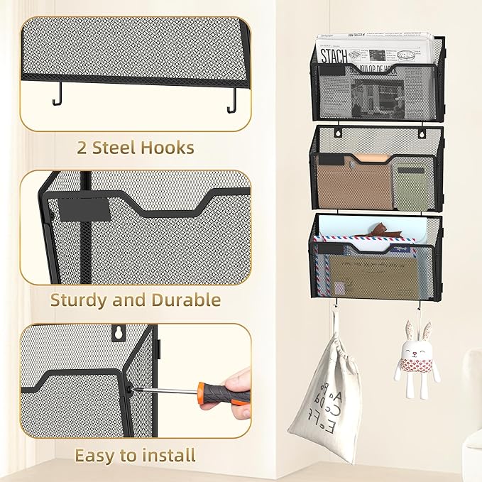 Docnest 3 Pack Metal Mesh Wall File Holder, Hanging Document Organizer with Hooks, Wall Mounted Mail Sorter for Office Home School, Black