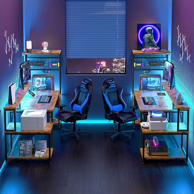 DurayLoly 63" Computer Desk with LED Lights & Outlets,Office Desk with Drawers & Monitor Stand,Gaming Desk with 3 Storage Shelves, Hooks& Printer Space for Game&Study Room,Home Office,Bedroom,Brown