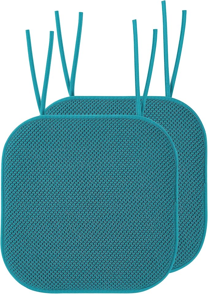 Elegant Comfort 4 Pack Chair Cushion Covers - Skid-Proof Rubber Backing - 16 x 16 Inch - Thick Dining Square Shape Seat Covers - Comfortable Textured Chair Pads with Ties - Honeycomb Pattern, Peacock