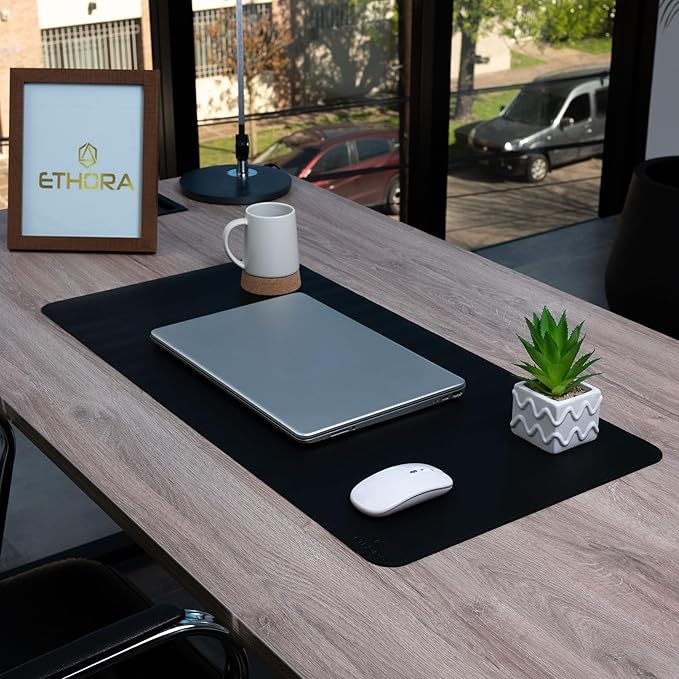 Desk Mat -Computer Desk mat with Non Slip Suede Bottom with Stitched Edges- Waterproof - Leather Desk pad PU Desk Cover for Home, Mouse, Makeup Mat for Vanity (Black, 31.5 x 15.7)