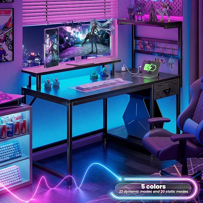EnHomee 40" Gaming Desk with Power Outlets & LED Lights, Computer Desk with Drawer & Storage Shelve, Home Office Desk with Monitor Stand for Living Room, Study Room, Gaming Room, Black