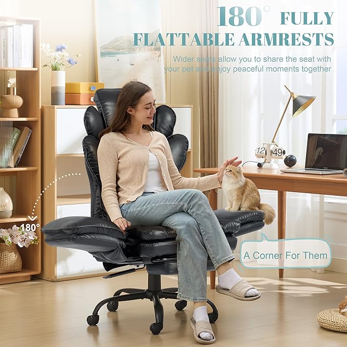 Flip Armrests Criss Cross Office Chair, Reclining Office Chair with Foot Rest, Adjustable Headrest, Massage Waist Pillow, Cross Legged Big and Tall Desk Chair Wide Seat Vanity Chair, PU Leather Black