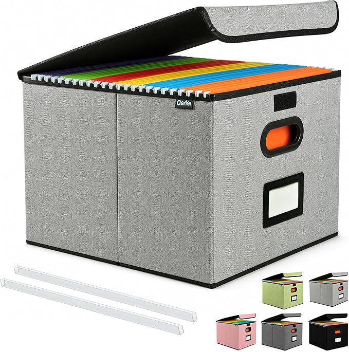 Qerlei File Organizer Boxes with Lids,Collapsible File Folder Organizer with Plastic Slide,Collapsible Filing & Storage Boxes for Office/Decor/Home (Grey, 1 Pack)
