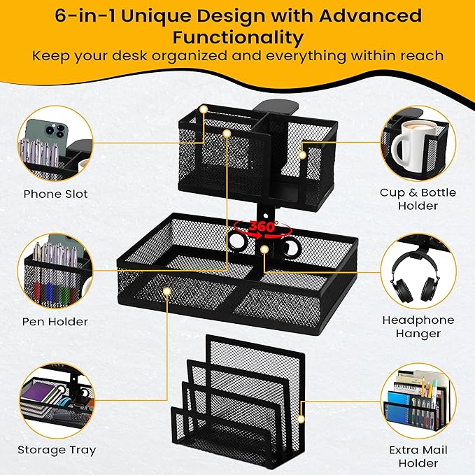 6-in-1 Clamp On Desk Organizer with Cup Holder & 360° Rotating Under Desk Drawer, Swappable Parts, Easy to Install Standing Desk Drawer Attachment, Space-Saving for Home & Office