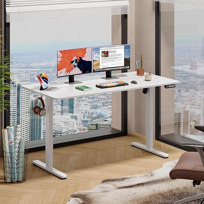DEVAISE 55 Inch Electric Standing Desk, 3 Adjustable Computer Desk for Home Office, Ergonomic Sit to Stand Desk with LED Touchscreen，Headphone Hook, 3 Memory Preset, with Split Top, White