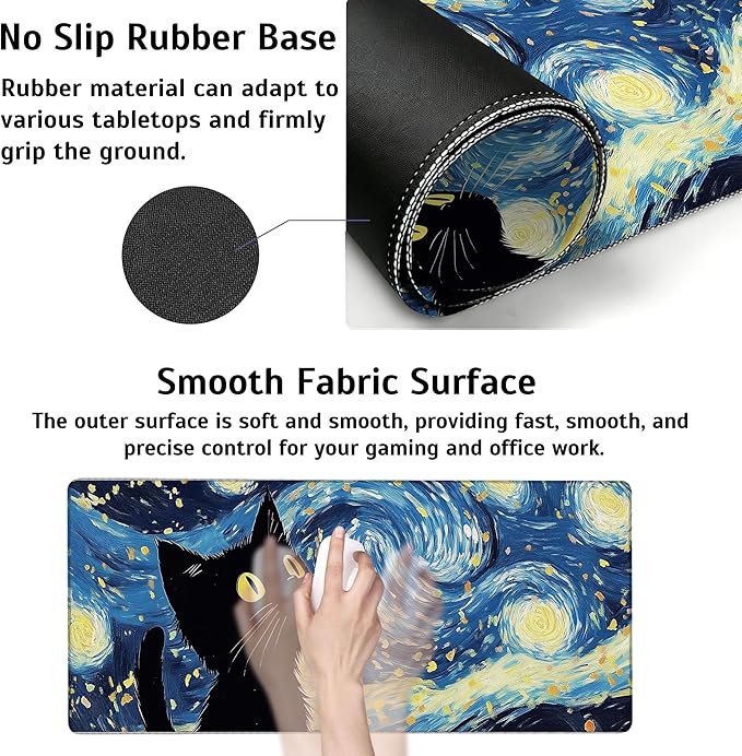 Large Gaming Mouse Pad Blue Starry Night Black Cat Desk Mat,Non-Slip Rubber Base Stitched Edges,Extended Mousepad for PC,Laptop,Office,Home Decor(31.5 x 11.8 Inch)