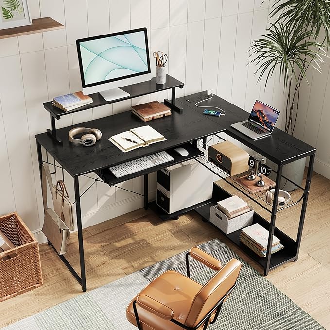 L Shaped Gaming Desk with Power Outlets & RGB Lights, 46'' L- Shaped Desk Computer Corner Desk with Monitor Stand & Storage Shelf & Hook, Home Office Desk Writing Desk, Black